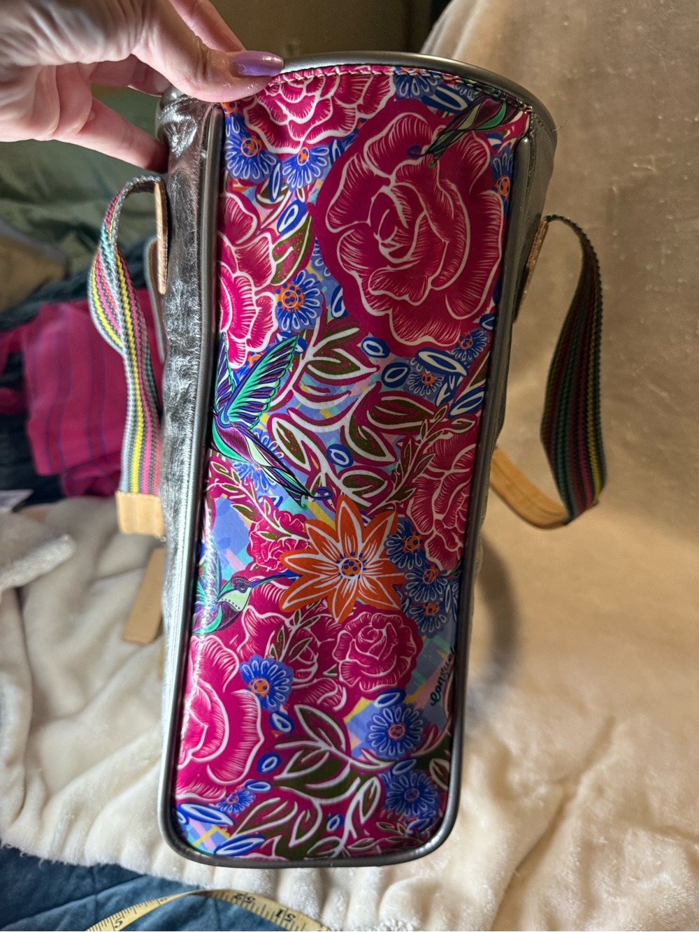 Consuela Apollo Metallic Silver Tote with Multicolor Striped Handles - Picture 3 of 10